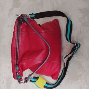 Gabs Red Leather Shoulder Bag/Crossbody Bag with Multicolor Strap